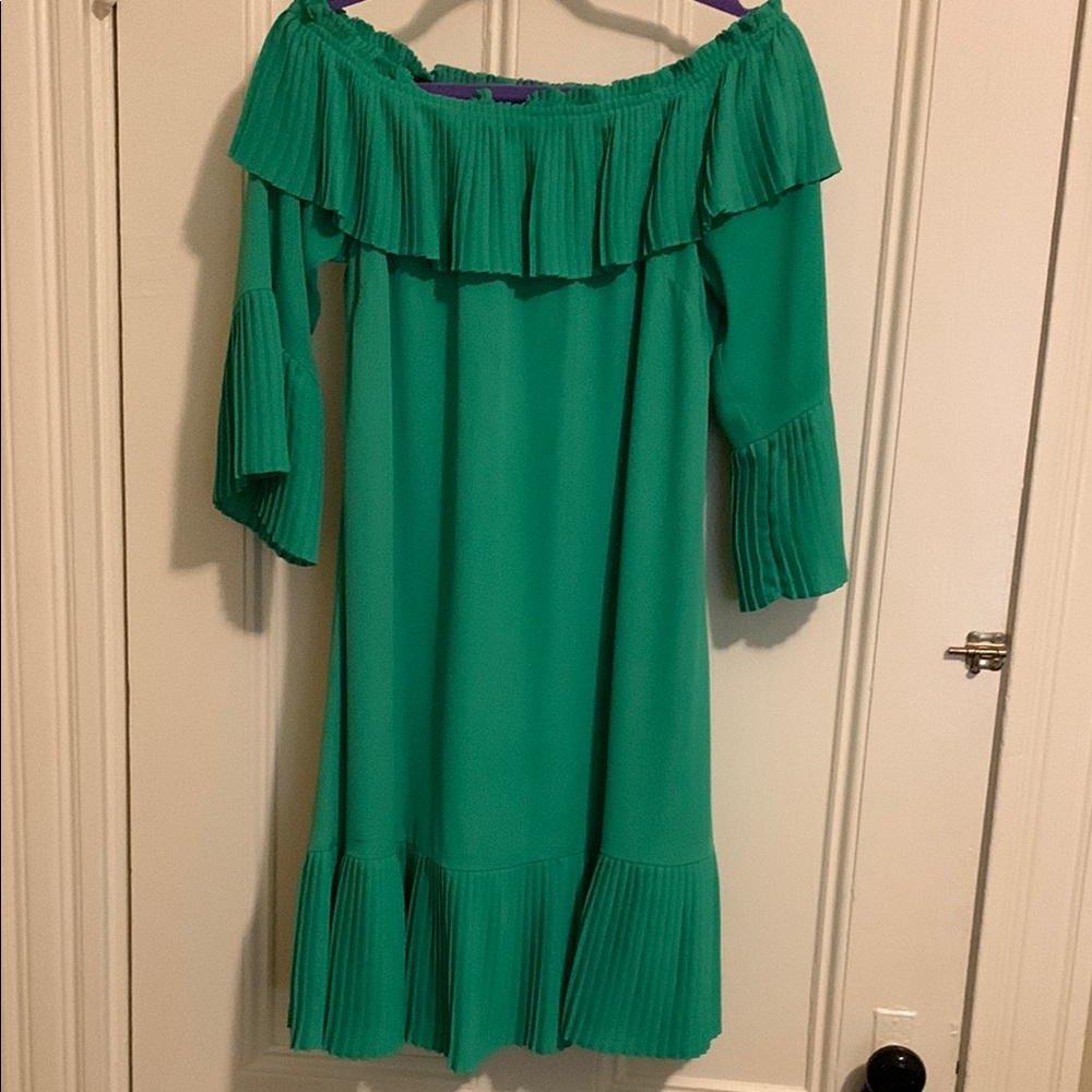 Joseph Ribkoff Green Ruffled Off-Shoulder dress